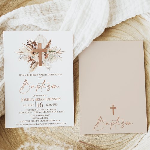 Brown Beige Boho Floral Baptism Invitation