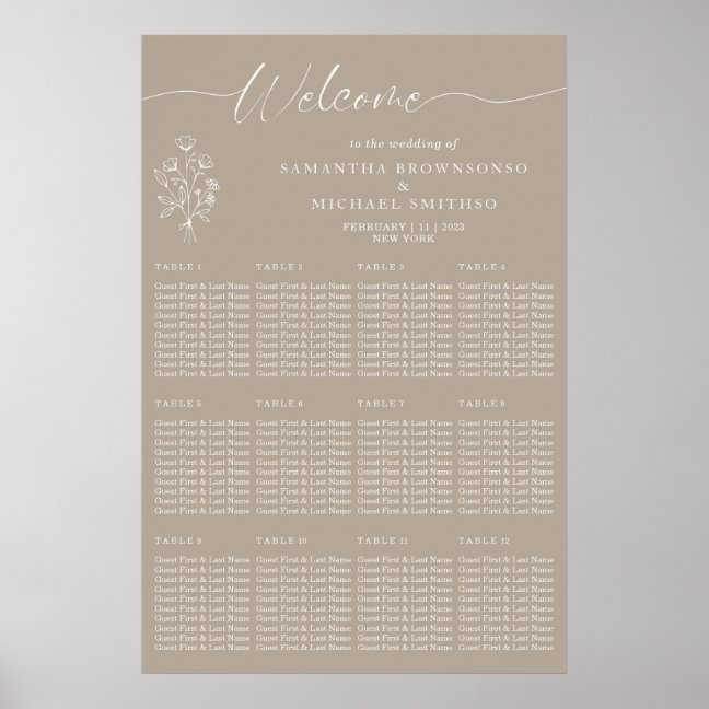 Brown Beige Botanical Floral Welcome Wedding Poster