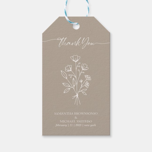 Brown Beige Calligraphy Boho Botanicals Thank You Gift Tags