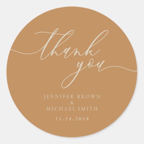 Brown Beige Calligraphy Thank You Classic Round Sticker
