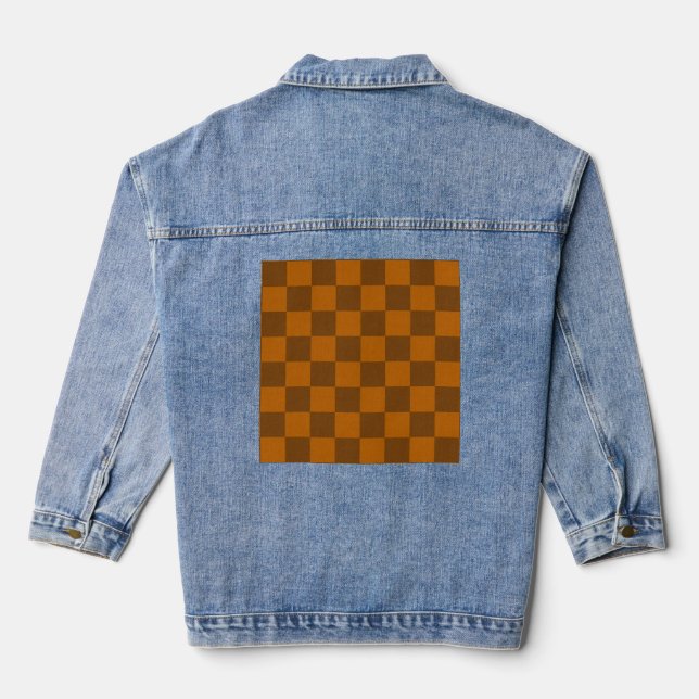Brown Beige Checkered Block Print  Denim Jacket (Back)
