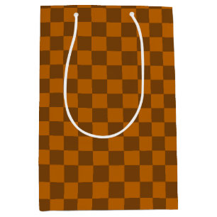 Brown Beige Checkered Block Print Medium Gift Bag