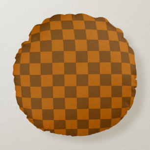 Brown Beige Checkered Block Print  Round Pillow