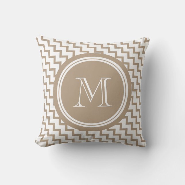 Brown Beige Chevron Monogram Elegant Throw Pillow (Front)