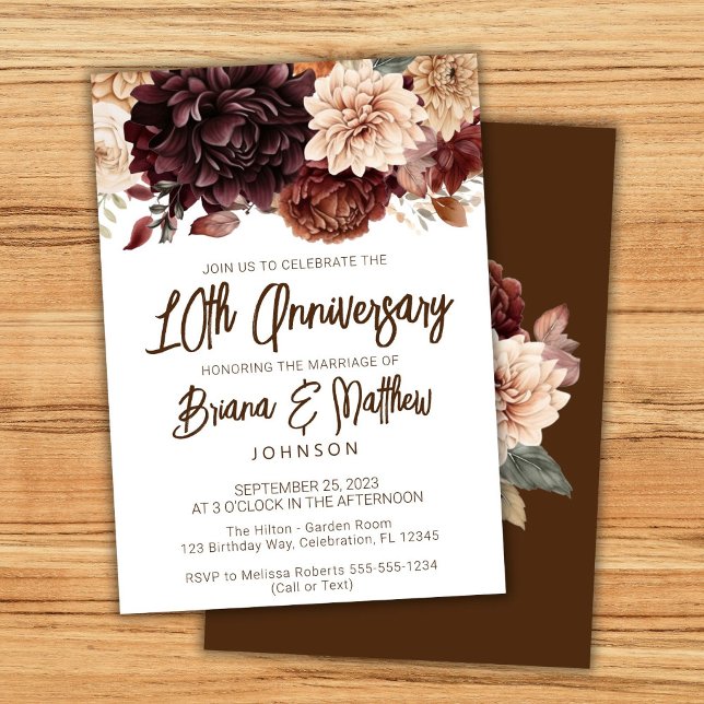 Brown Beige Floral 10th Wedding Anniversary  Invitation (Creator Uploaded)