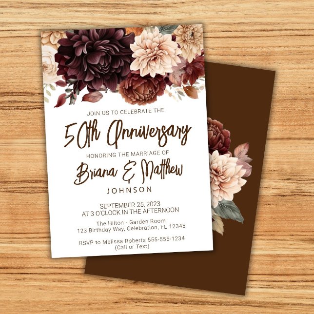 Brown Beige Floral 50th Wedding Anniversary  Invitation (Creator Uploaded)