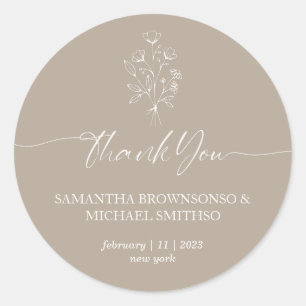 Brown Beige Floral Bouquet Thank you Classic Round Sticker