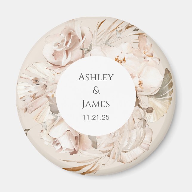 Brown-beige floral garden wedding magnet favors (Front)