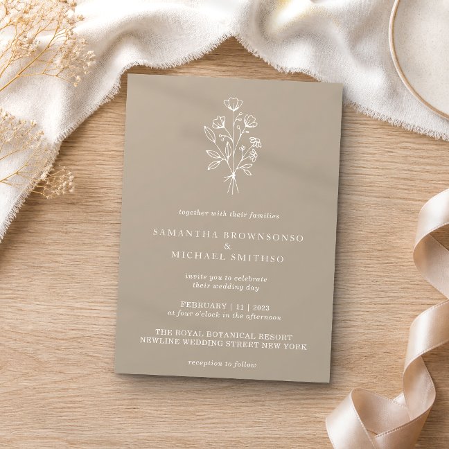 Brown Beige Flower Bouquet Boho Minimal Botanicals Invitation