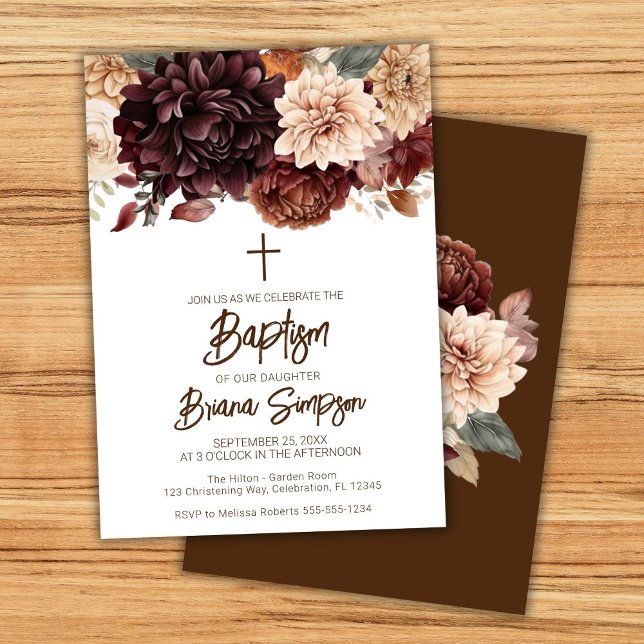 Brown Beige Flowers Floral Baptism Invitation (Creator Uploaded)