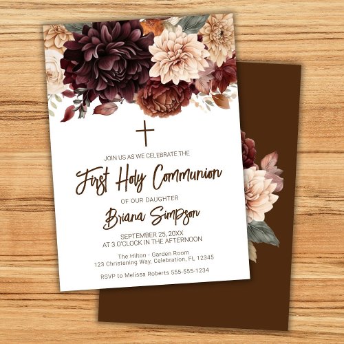 Brown Beige Flowers Floral First Holy Communion Invitation