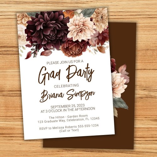 Brown Beige Flowers Floral Graduation Grad Party Invitation