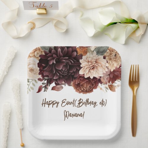 Brown Beige Flowers Floral Party Paper Plates
