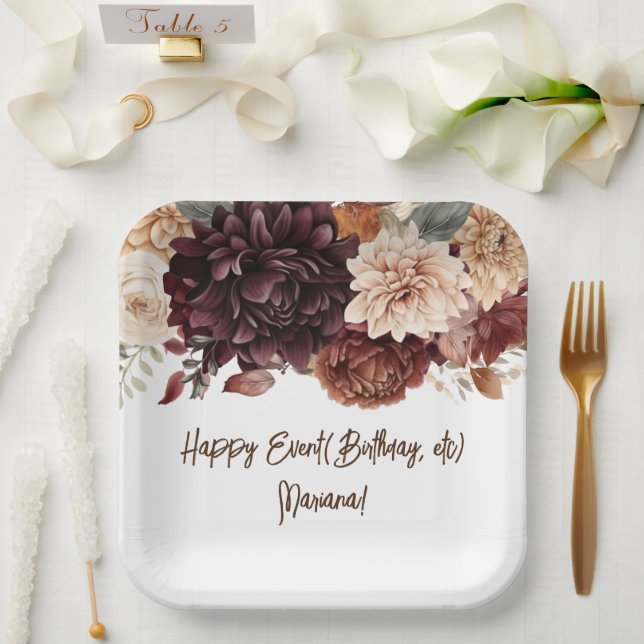 Brown Beige Flowers Floral Party Paper Plates (Wedding)