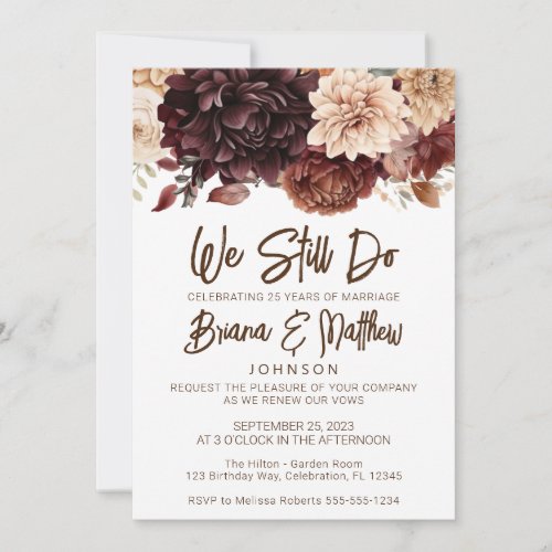 Brown Beige Flowers Floral Wedding Vow Renewal Invitation