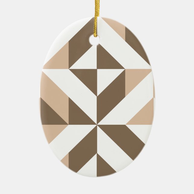 Brown Beige Geometric Cube Pattern Ceramic Ornament (Front)