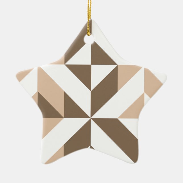 Brown Beige Geometric Cube Pattern Ceramic Ornament (Front)