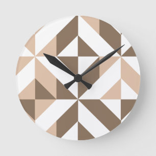 Brown Beige Geometric Cube Pattern Round Clock