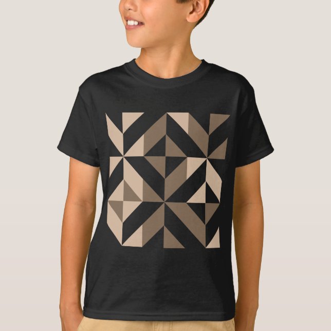 Brown Beige Geometric Cube Pattern T-Shirt (Front)