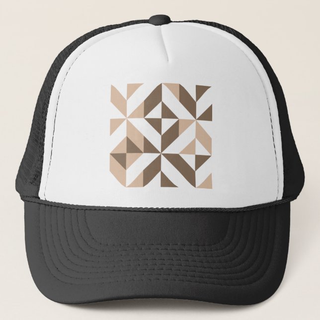 Brown Beige Geometric Cube Pattern Trucker Hat (Front)
