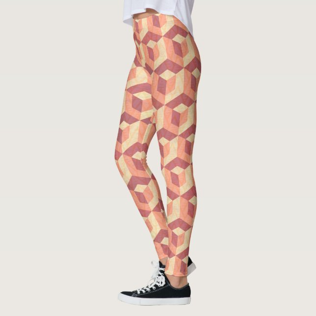 Brown & Beige Geometric Cubes Pattern Leggings (Left)
