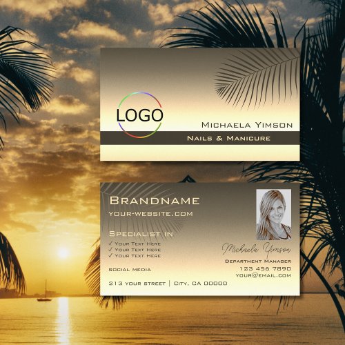 Brown Beige Gradient Palm Leaf with Logo and Photo Business Card