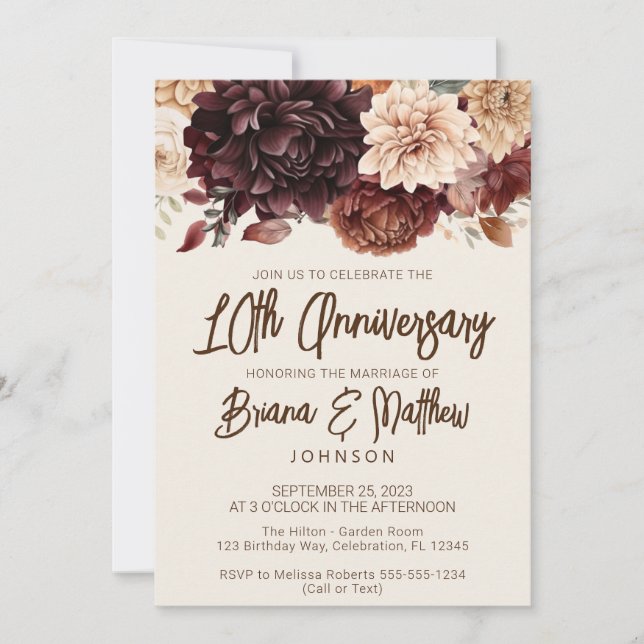 Brown Beige Ivory Floral 10th Wedding Anniversary  Invitation (Front)