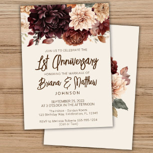 Brown Beige Ivory Floral 1st Wedding Anniversary Invitation