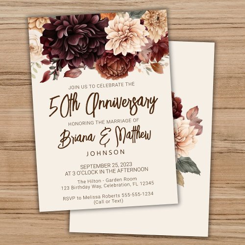 Brown Beige Ivory Floral 50th Wedding Anniversary  Invitation