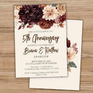 Brown Beige Ivory Floral 5th Wedding Anniversary Invitation