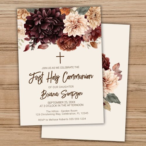 Brown Beige Ivory Floral First Holy Communion Invitation