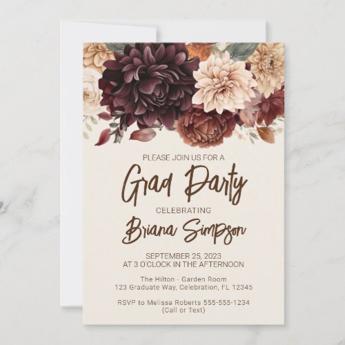 Brown Beige Ivory Floral Graduation Grad Party Invitation