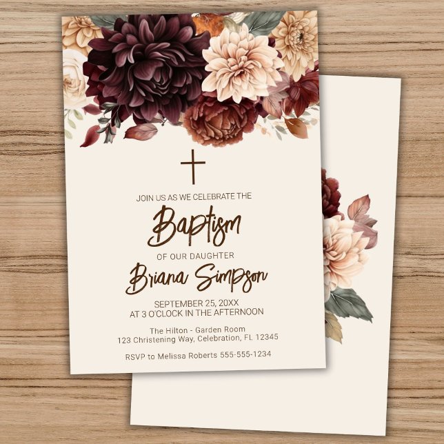 Brown Beige Ivory Flowers Floral Baptism Invitation (Creator Uploaded)