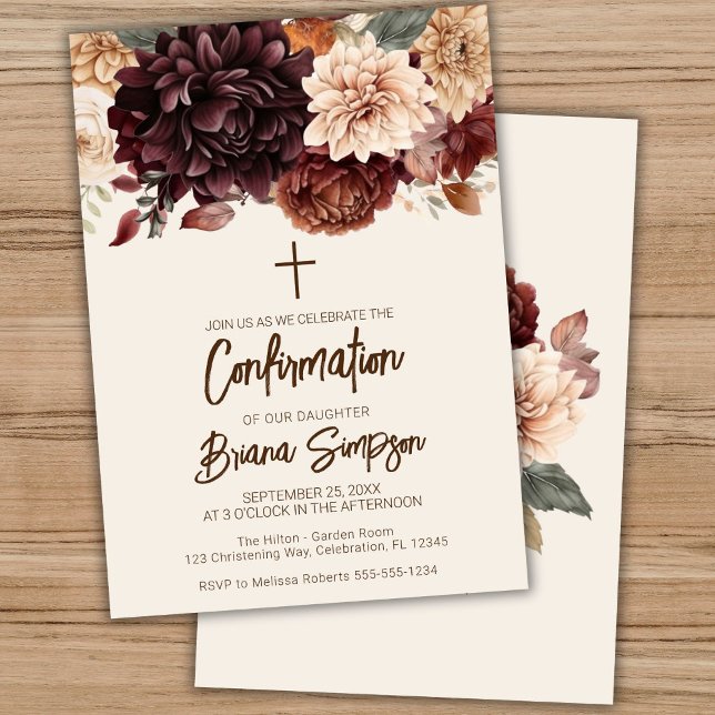 Brown Beige Ivory Flowers Floral Confirmation Invitation (Creator Uploaded)