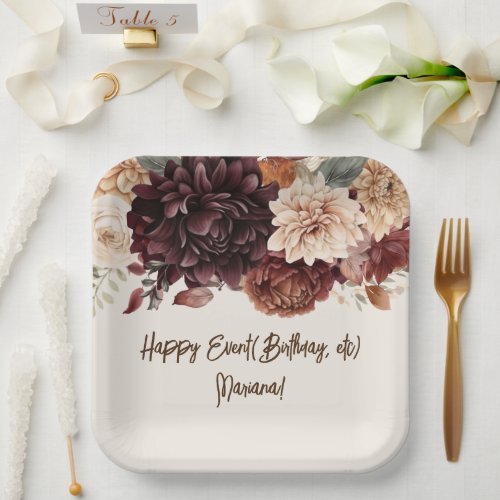 Brown Beige Ivory Flowers Floral Party Paper Plates