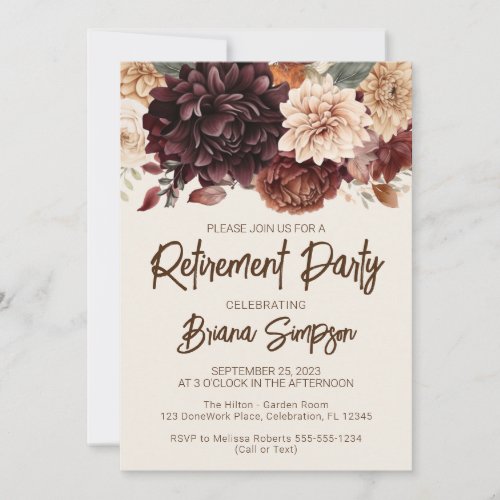 Brown Beige Ivory Flowers Floral Retirement Party Invitation