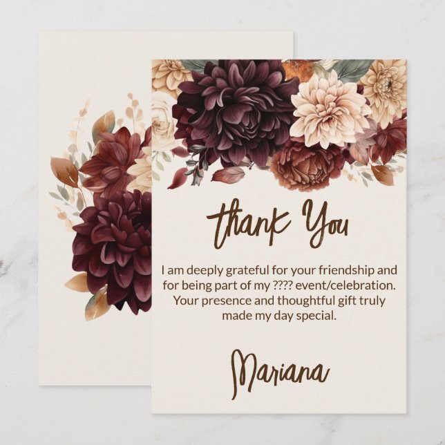 Brown Beige Ivory Flowers Floral Thank You Card (Front/Back)