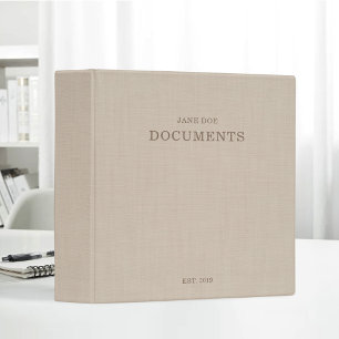 Brown Beige Linen Documents Custom Name 3 Ring Binder