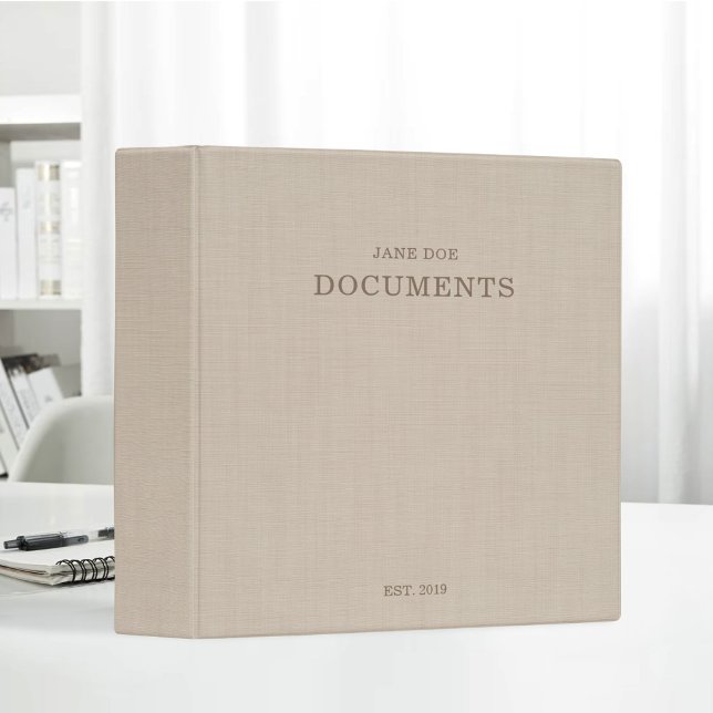 Brown Beige Linen Documents Custom Name 3 Ring Binder (Creator Uploaded)