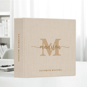 Brown Beige Linen Texture Gold Script Name Recipe 3 Ring Binder