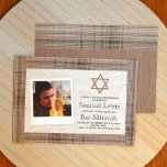 Brown, Beige Plaid Bar Mitzvah Photo Invitation<br><div class="desc">Beautiful taupe and beige artwork surrounds white photo frame. Plaid and faux Birchwood details are perfect for gray, olive, brown, neutral, or natural Bar Mitzvah color themes. Brown scrapbook style layout is stylish with Bar Mitzvah photo. Easily modify the information for your celebration. Transfer this brown scrapbook style layout to...</div>
