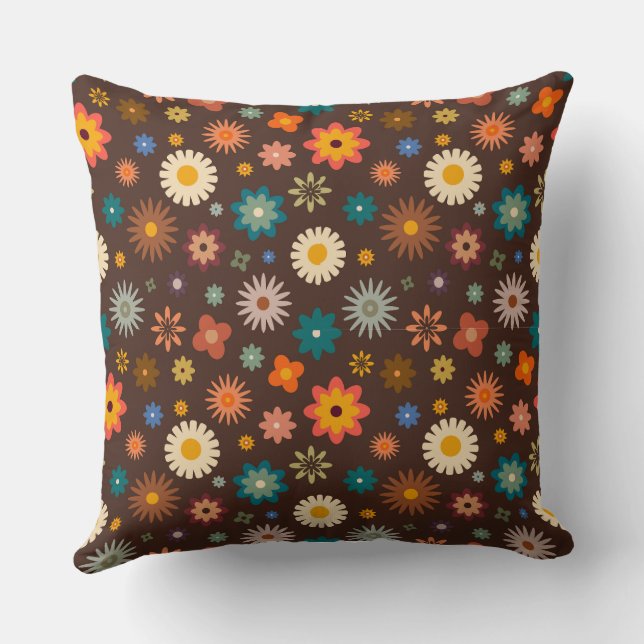 Brown Beige Retro Spring  Flowers pattern Throw Pillow (Back)