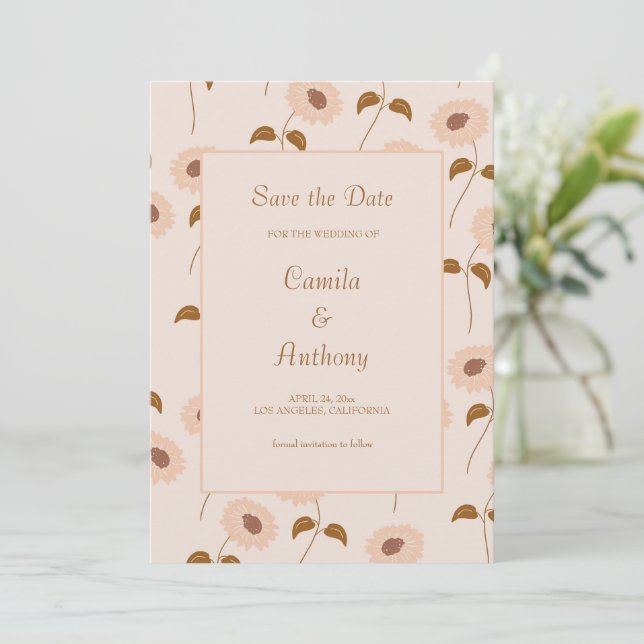 Brown Beige Retro Sunflower Pattern Save The Date Invitation (Standing Front)