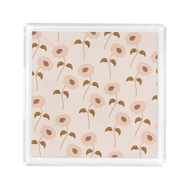 Brown Beige Retro Y2K Hippie Sunflower Pattern Acrylic Tray (Front)