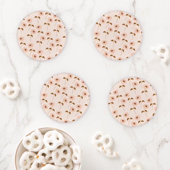 Brown Beige Retro Y2K Hippie Sunflower Pattern Coaster Set (In Situ)