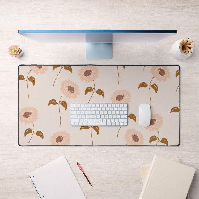 Brown Beige Retro Y2K Hippie Sunflower Pattern Desk Mat (Office 1)