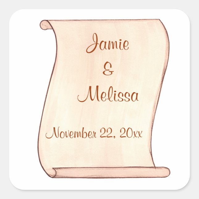 Brown, Beige Scroll Wedding Save the date stickers (Front)