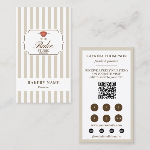 Brown Beige Stripes Bakery Logo Loyalty Punch Business Card