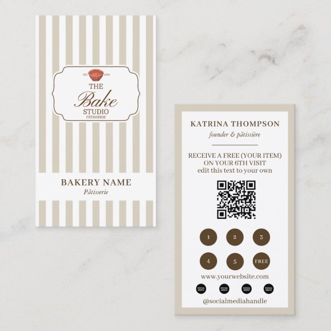 Brown Beige Stripes Bakery Logo Loyalty Punch Business Card (Front/Back)
