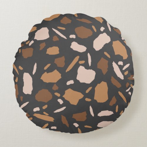 Brown Beige  Tan and Gray Terrazzo Marble  Round Pillow